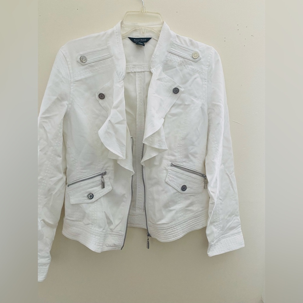 White House Black Market Ruffle Front Cotton Moto fitted Jacket with zip Pockets